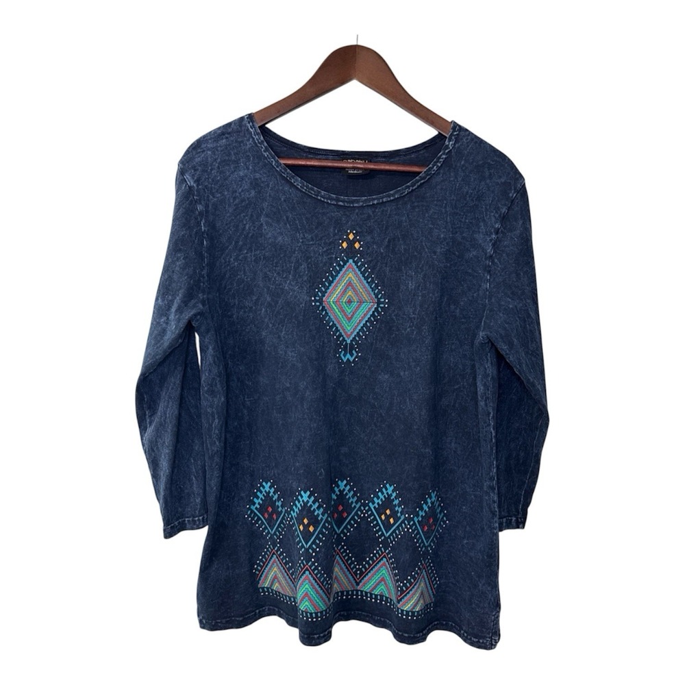 Sabaku top women's medium blue Southwest geometric turquoise art boho tribes